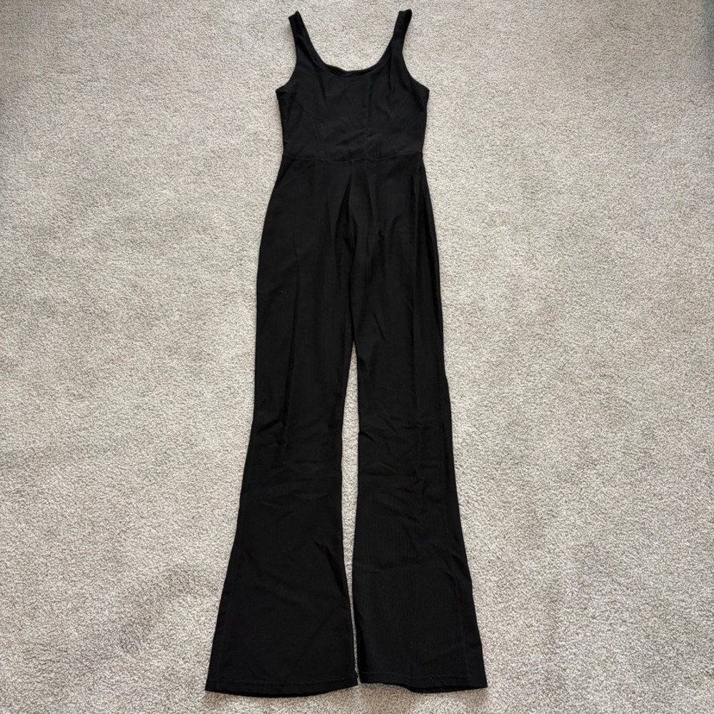WILO The Label Ribbed Flare Leg Jumpsuit Womens M Black Athleisure Tennis Prep